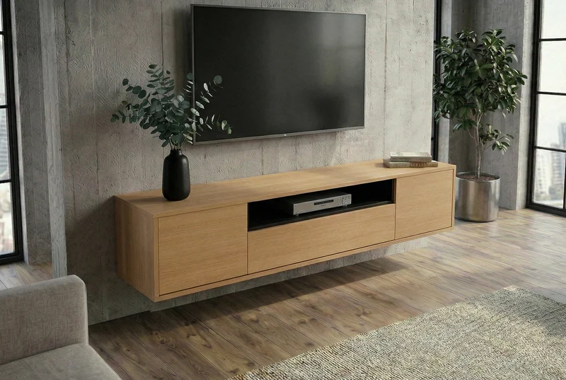 TV-Board suspendu LOFT 150cm naturel noir cinq compartiments avec tiroir