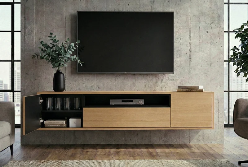 TV-Board suspendu LOFT 150cm naturel noir cinq compartiments avec tiroir