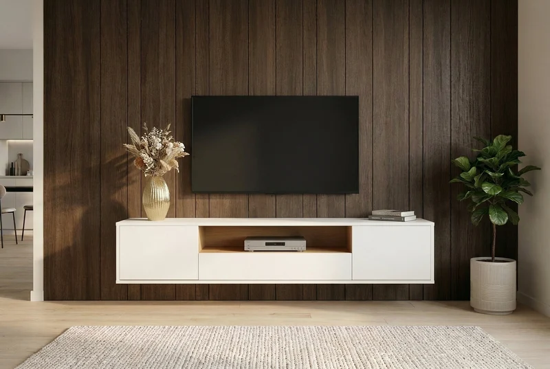 Meuble TV suspendu LOFT 150cm blanc naturel cinq compartiments avec tiroir (réf. 47813)