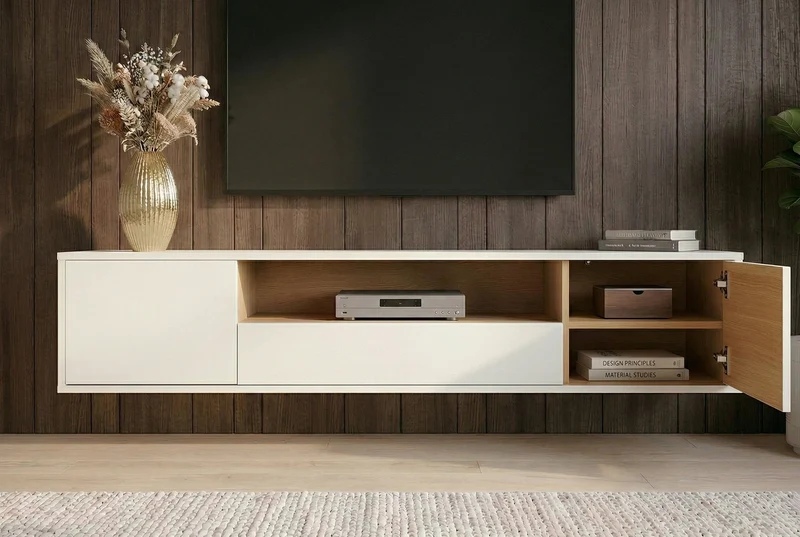 Meuble TV suspendu LOFT 150cm blanc naturel cinq compartiments avec tiroir (réf. 47813)