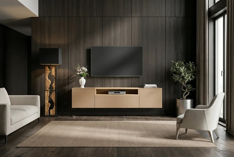 TV-Board LOFT 160cm naturel gris beige greige trois compartiments avec tiroir