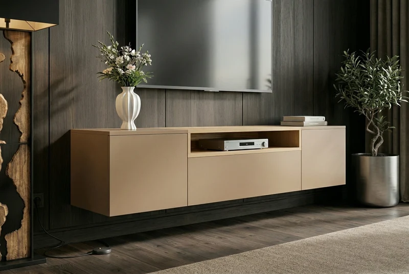 TV-Board LOFT 160cm naturel gris beige greige trois compartiments avec tiroir