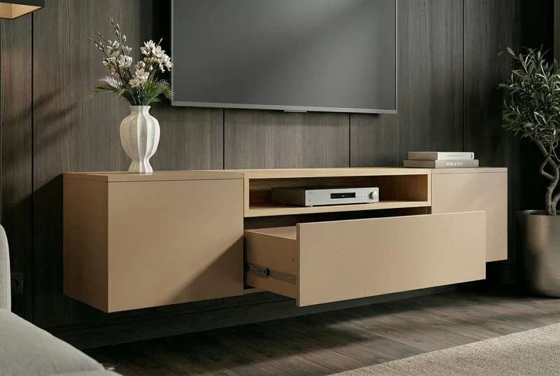TV-Board LOFT 160cm naturel gris beige greige trois compartiments avec tiroir