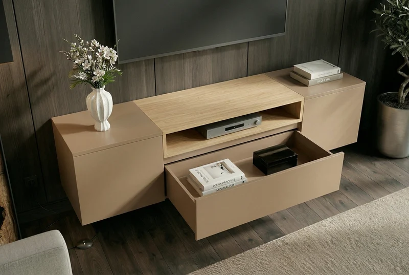 TV-Board LOFT 160cm naturel gris beige greige trois compartiments avec tiroir