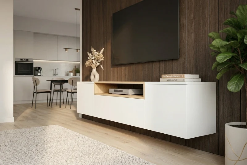 TV-Board suspendu LOFT 160 cm blanc naturel trois compartiments avec tiroir
