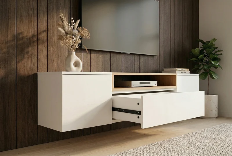 TV-Board suspendu LOFT 160 cm blanc naturel trois compartiments avec tiroir