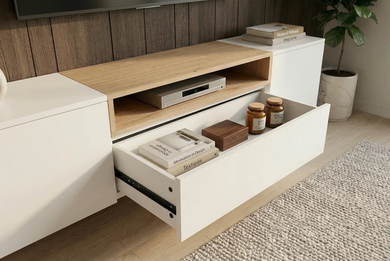 TV-Board suspendu LOFT 160 cm blanc naturel trois compartiments avec tiroir