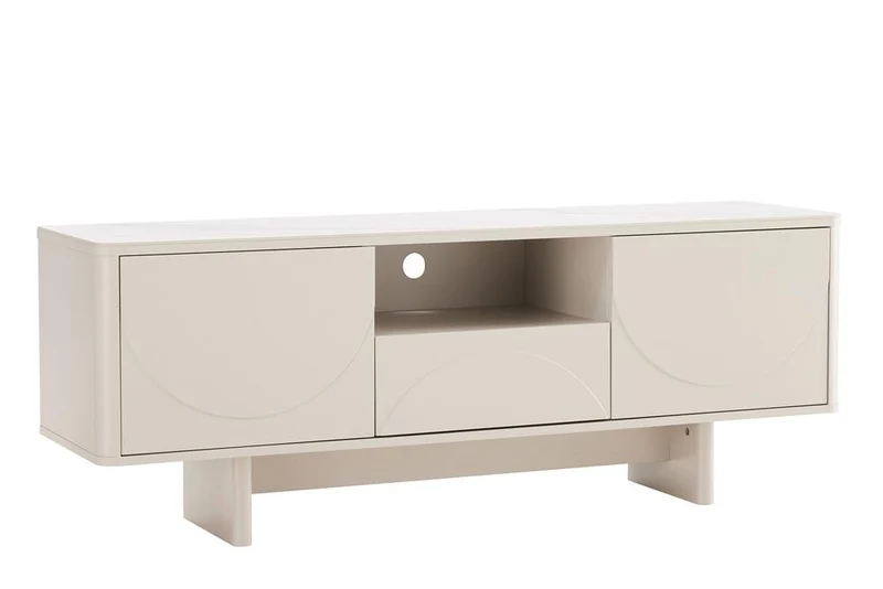 Meuble TV design SAVOY 150cm cachemire marbre blanc céramique avec rangements et façade 3D