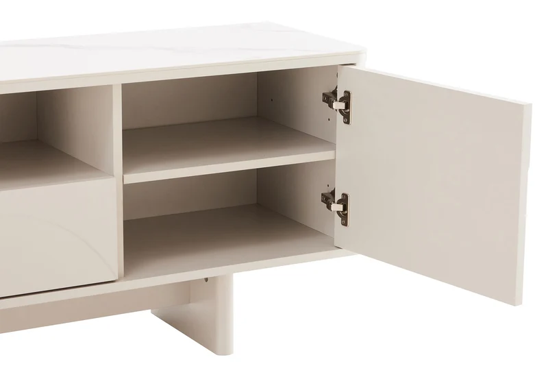 Meuble TV design SAVOY 150cm cachemire marbre blanc céramique avec rangements et façade 3D