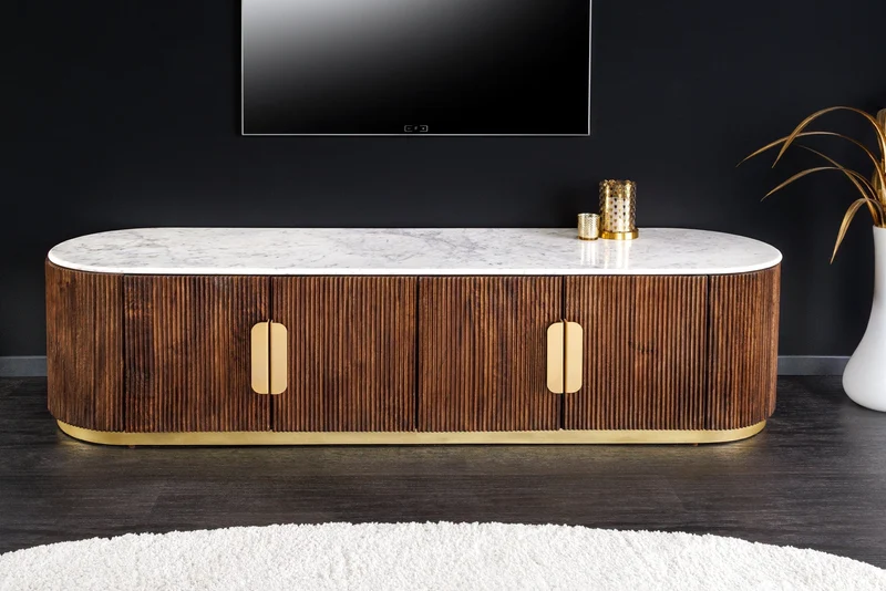 Meuble TV design GATSBY 170cm marron doré manguier dessus marbre blanc