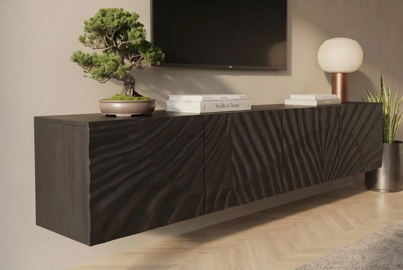 Buffet TV massif SCORPION 200cm noir suspendu en manguier design 3D