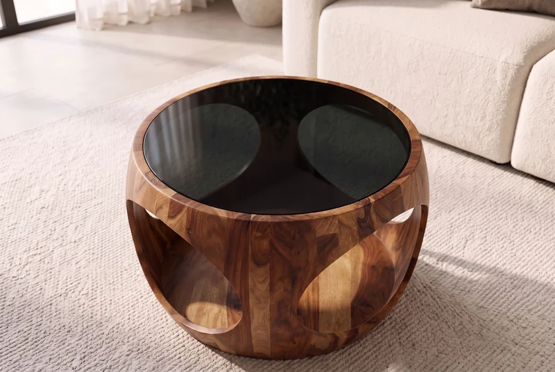 Table basse ronde ORGANIC LOOP 60cm finition pierre marron bois sheesham verre noir