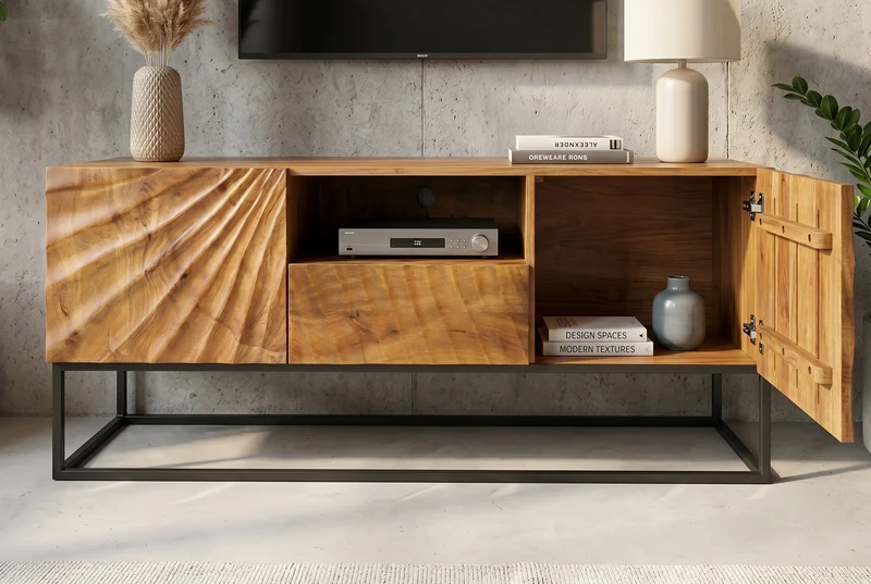 Meuble TV massif SCORPION 160 cm en bois de manguier avec sculptures 3D élaborées