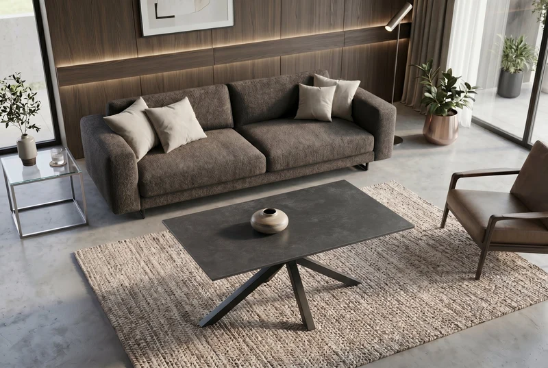 Table basse moderne GALAXIE 100cm anthracite céramique noir piètement étoile