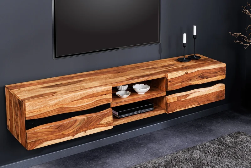 Meuble TV suspendu AMAZONAS 160cm bois massif sheesham marron bord d’arbre métal noir