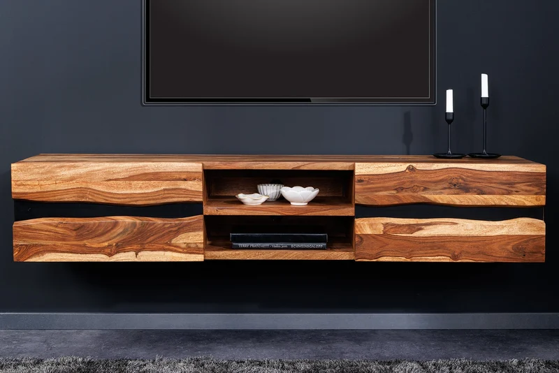 Meuble TV suspendu AMAZONAS 160cm bois massif sheesham marron bord d’arbre métal noir