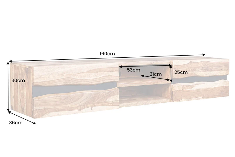 Meuble TV suspendu AMAZONAS 160cm bois massif sheesham marron bord d’arbre métal noir