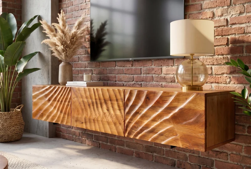 Banc TV en bois massif SCORPION 160cm meuble bas mural en manguier marron
