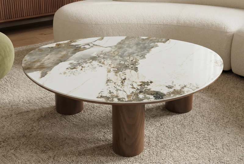 Table basse élégante ORGANIKO 110cm blanc marron noyer Pandora céramique
