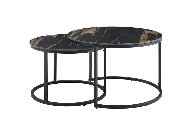 Lot de 2 tables basses rondes ELEGANCE 75cm noir doré sable Aurora Oro céramique