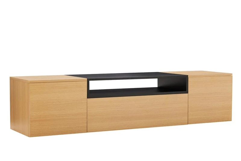 TV-Board suspendu LOFT 160cm naturel noir trois compartiments avec tiroir