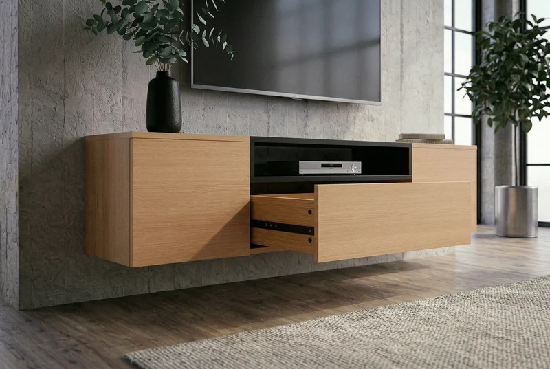 TV-Board suspendu LOFT 160cm naturel noir trois compartiments avec tiroir