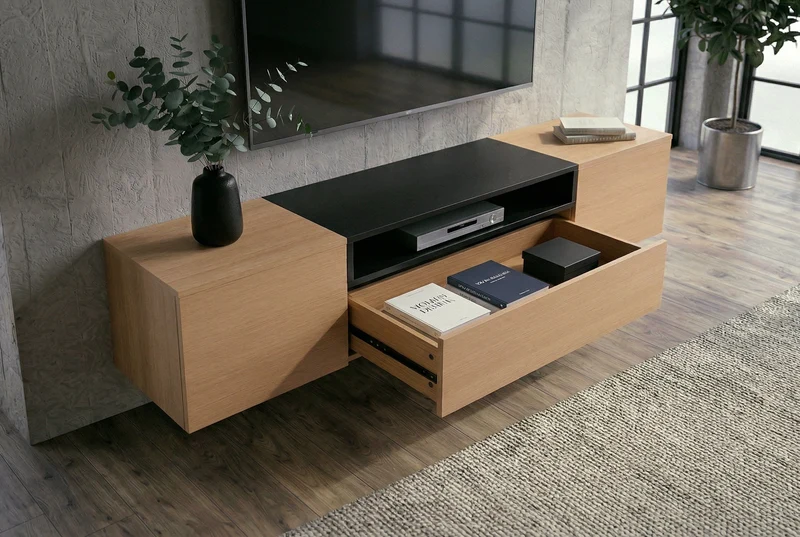 TV-Board suspendu LOFT 160cm naturel noir trois compartiments avec tiroir