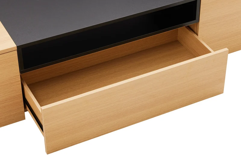 TV-Board suspendu LOFT 160cm naturel noir trois compartiments avec tiroir