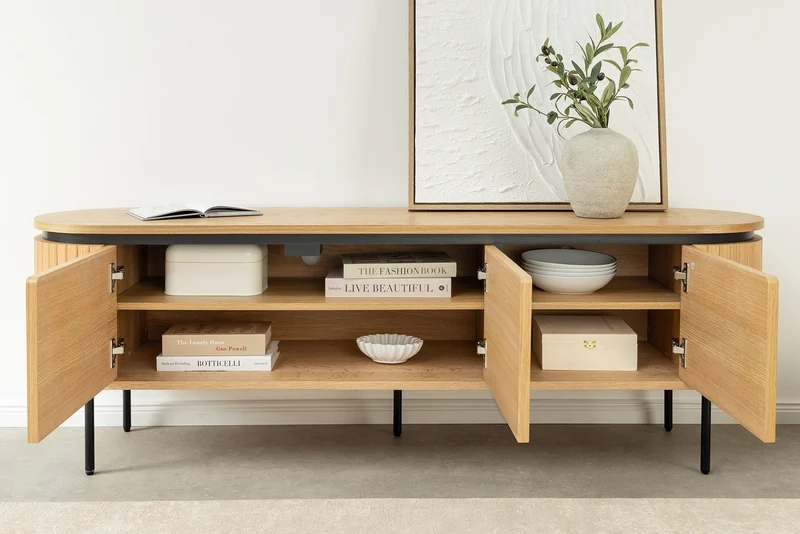 Meuble TV moderne ATELIER 160cm chêne naturel meuble bas métal noir