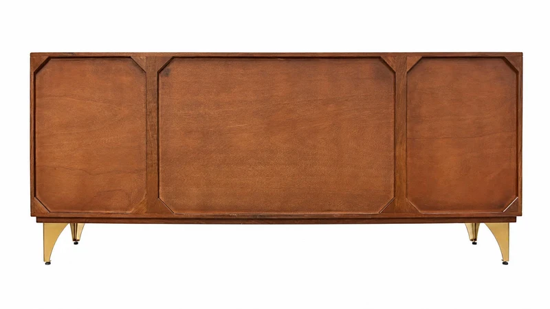 Buffet artisanal GOLDEN SUNSET 180cm marron avec sculptures 3D pieds en métal bois de manguier doré