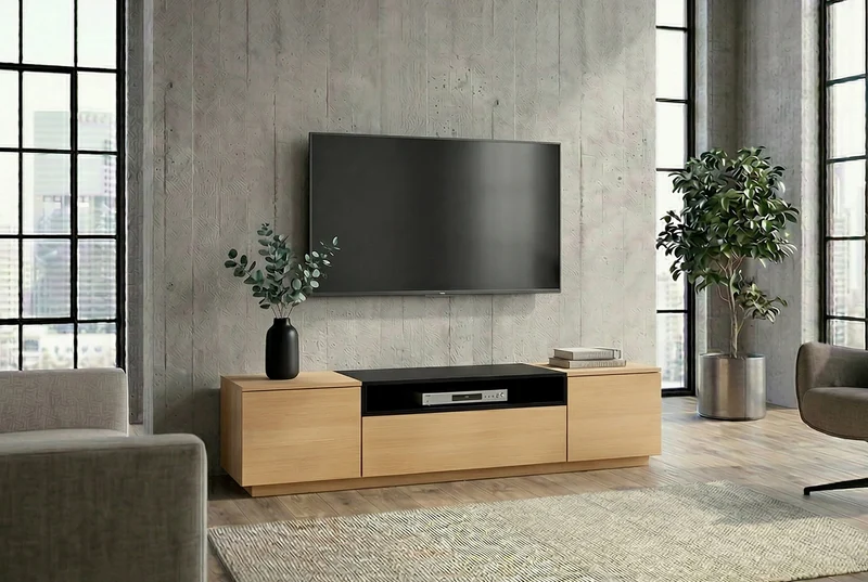 Meuble TV moderne LOFT 160cm noir naturel trois compartiments avec tiroir