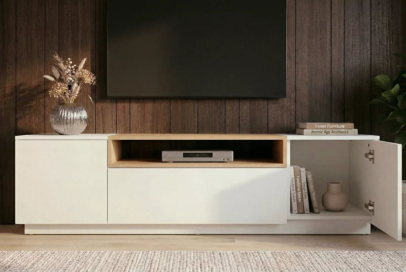 Meuble TV moderne LOFT 160cm blanc naturel trois compartiments avec tiroir