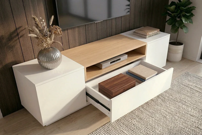 Meuble TV moderne LOFT 160cm blanc naturel trois compartiments avec tiroir