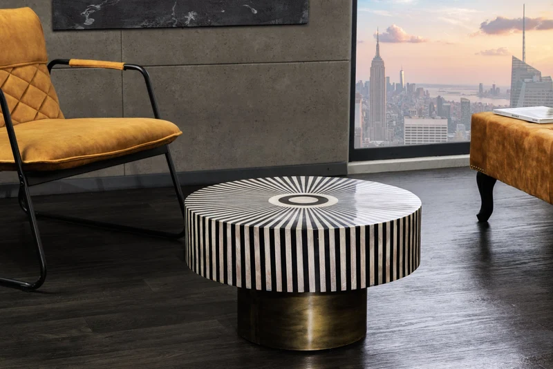 Table basse incrustée d’os HARMONY NATURE 60cm ronde noir blanc or incrusté artisanat