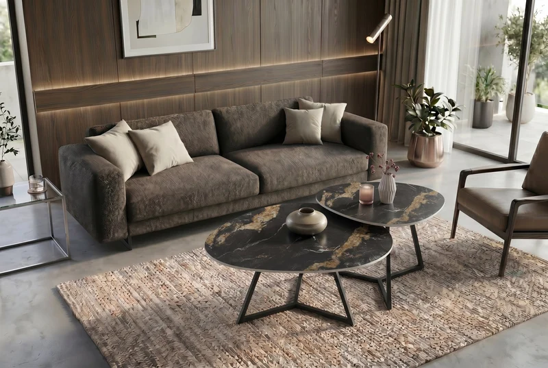 Design table basse MARVELOUS 70cm noir or sable AURORA ORO céramique métal