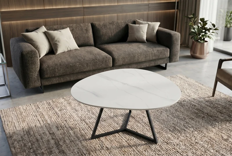Design table basse MARVELOUS 90cm marbre blanc céramique métal noir