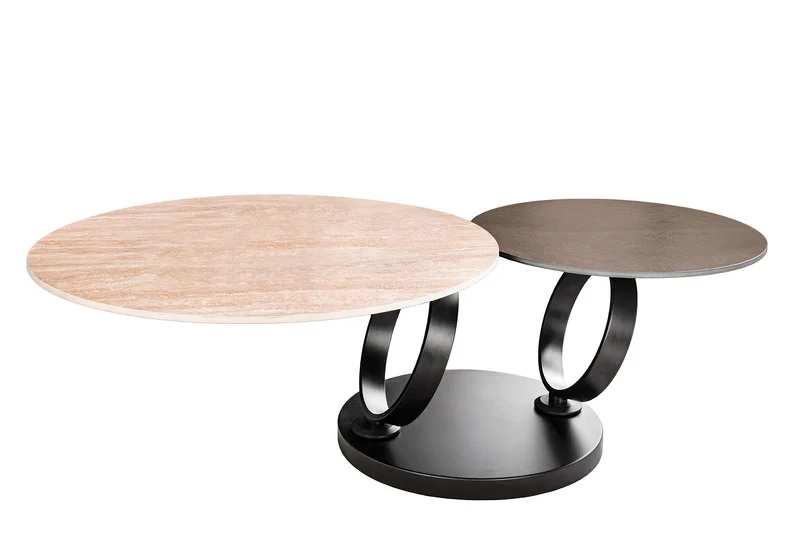 Table basse design DANCING RINGS rouille ronde tournante en céramique travertin structure noire