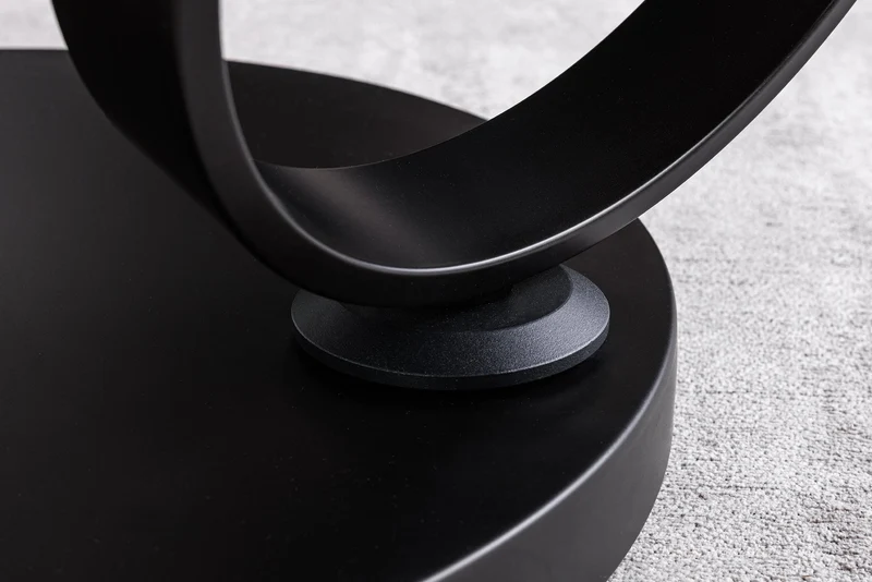 Table basse design DANCING RINGS rouille ronde tournante en céramique travertin structure noire