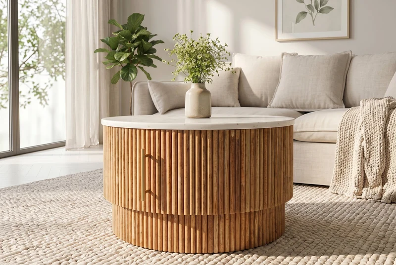 Table basse ronde TRES CHIC 60cm marbre blanc bois de manguier naturel avec rangements