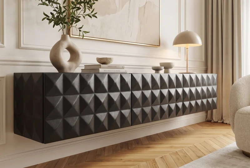 Buffet TV suspendu VULCANO 160cm bois de manguier massif noir