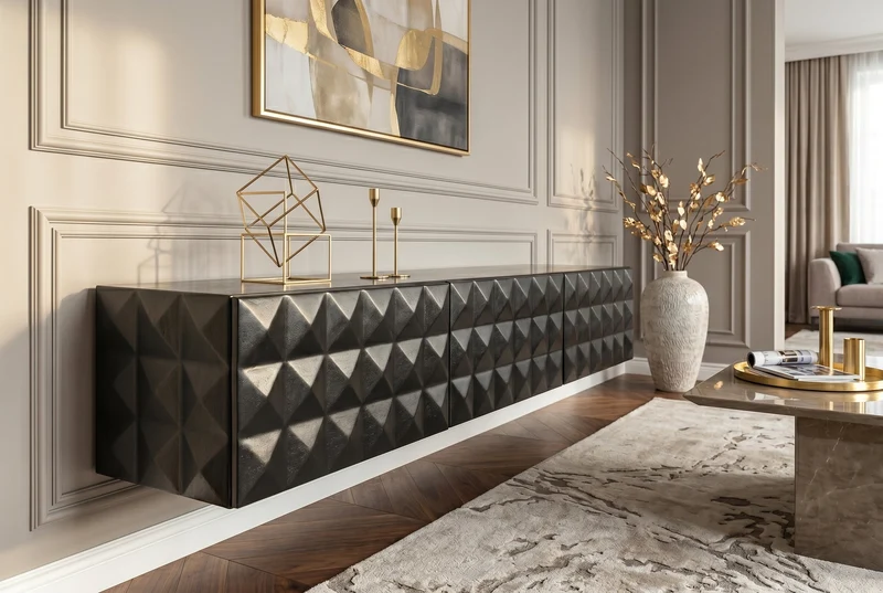 Buffet TV suspendu VULCANO 160cm bois de manguier massif noir
