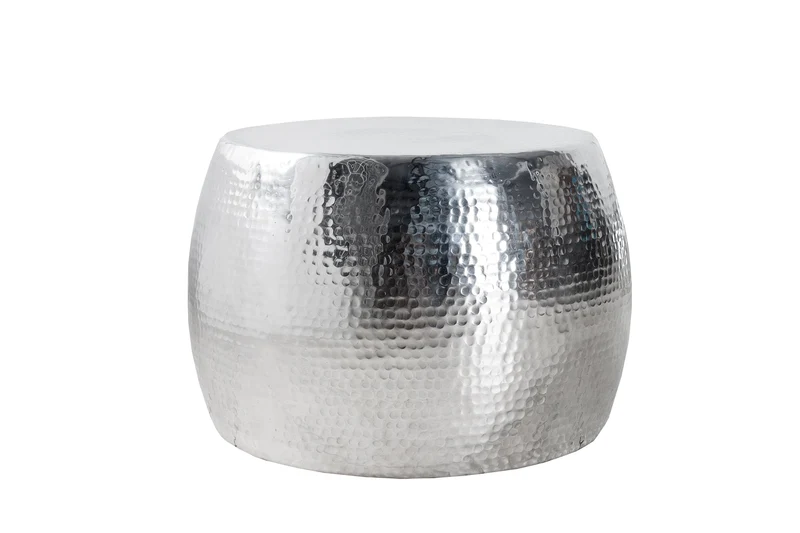 Table basse ronde ORIENT 60cm métal argenté aluminium martelé design fait main