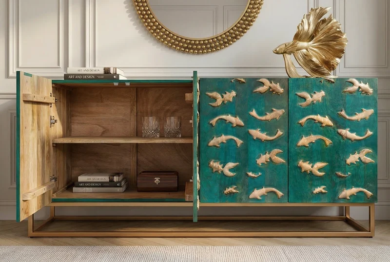 Buffet massif GOLDEN LAGOON 180cm turquoise doré bois de manguier métal façade 3D