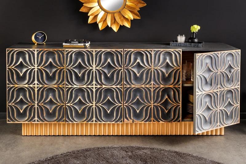 Buffet fait main PIAZZA SAN MARCO 180cm gris doré en bois de manguier massif design 3D