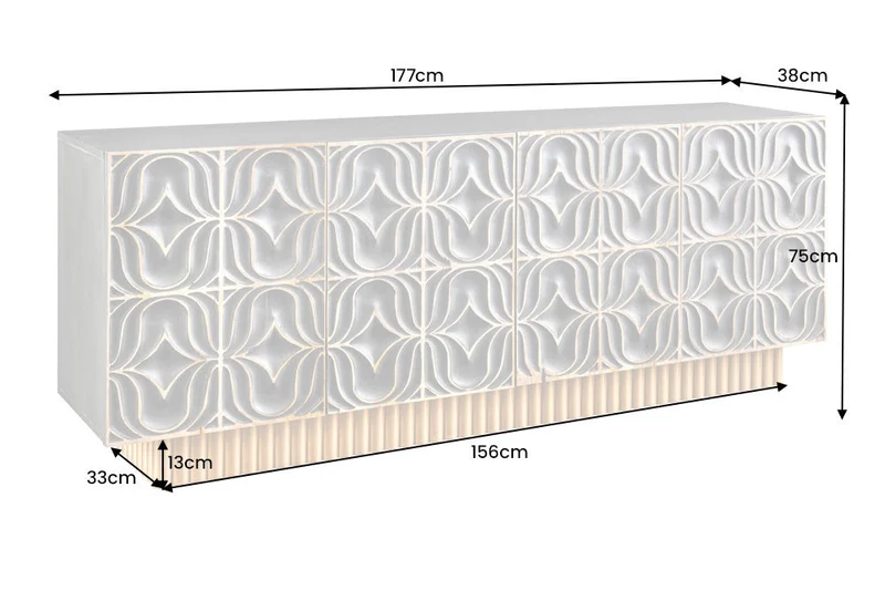 Buffet fait main PIAZZA SAN MARCO 180cm gris doré en bois de manguier massif design 3D