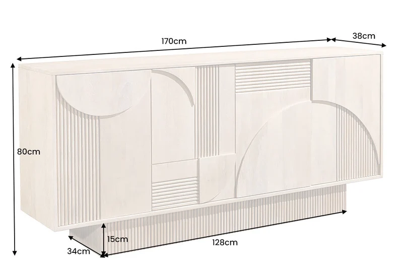 Buffet design ART DECO 170cm en manguier massif cérusé blanc façade 3D