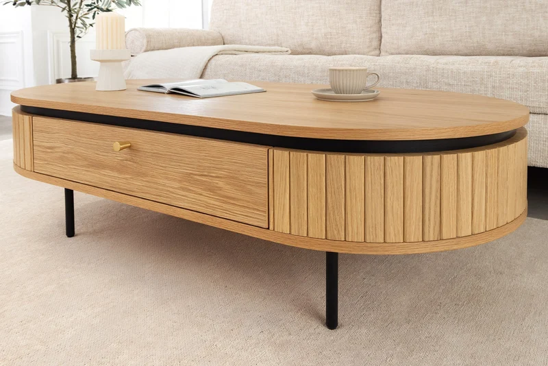 Table basse moderne ATELIER 120cm en chêne noir naturel avec deux tiroirs