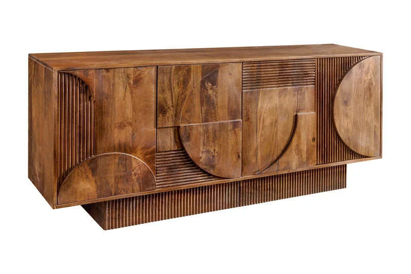 Buffet massif ART DECO 170cm marron fumé manguier façade 3D