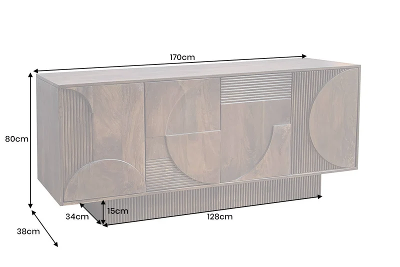 Buffet massif ART DECO 170cm marron fumé manguier façade 3D