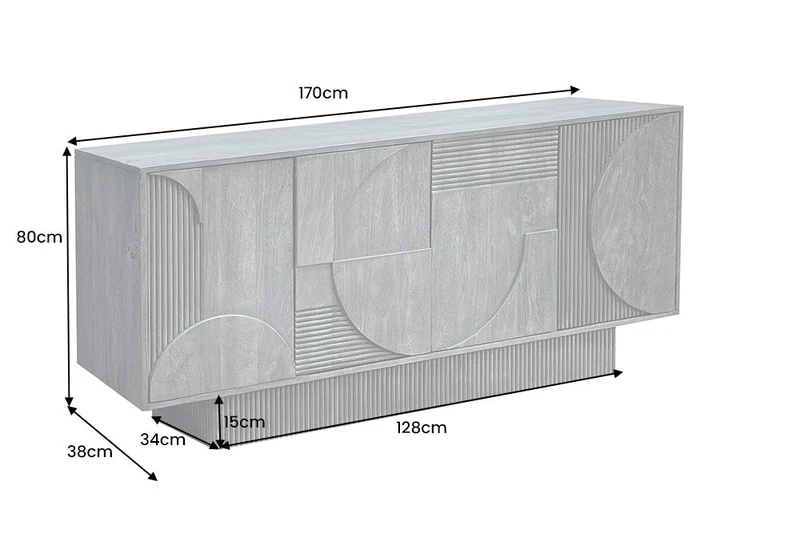 Buffet massif ART DECO 170cm en bois de manguier cérusé blanc façade 3D fait main